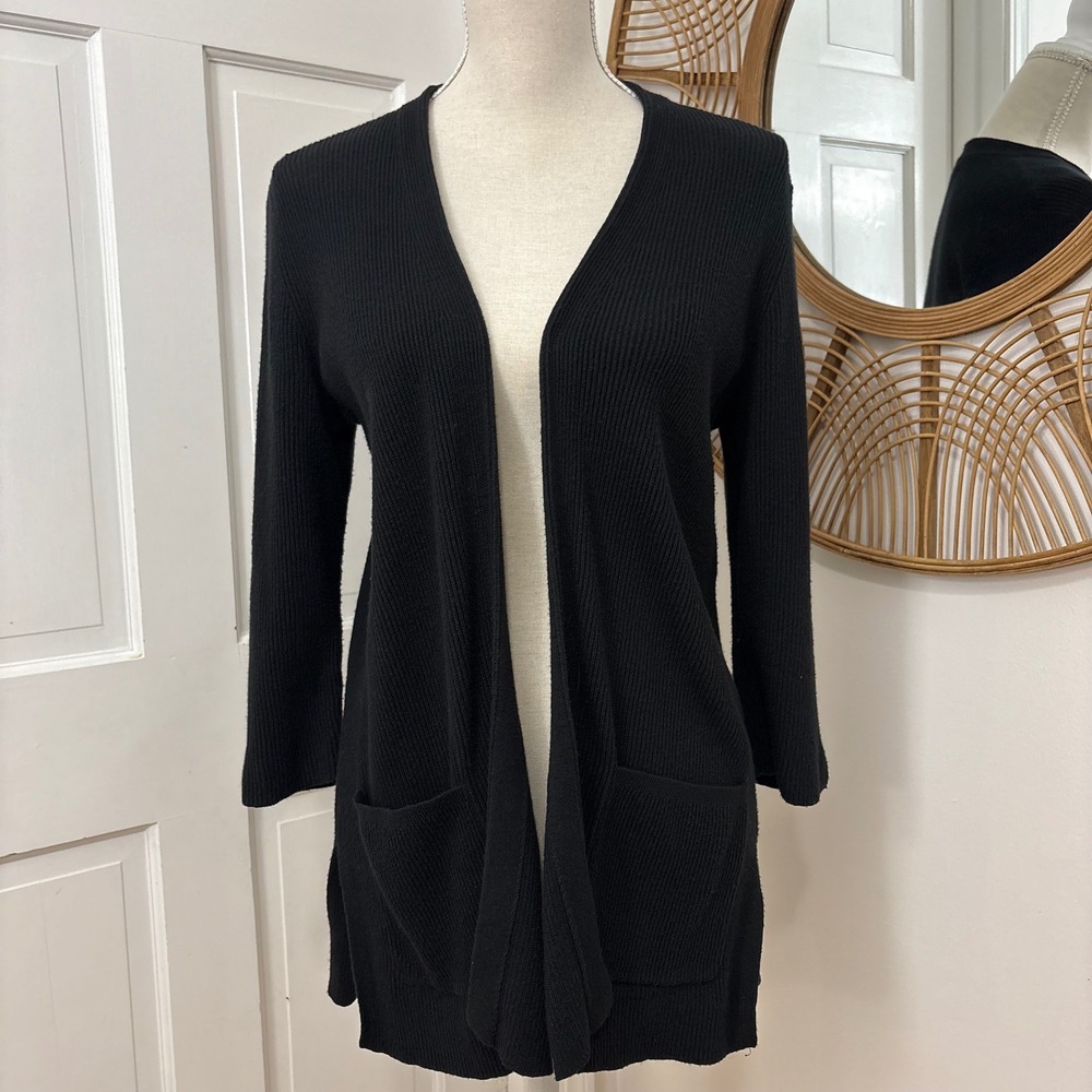 J. Jill Wearever Open‎ Cardigan S Black Ribbed Chic Minimalist Office Capsule